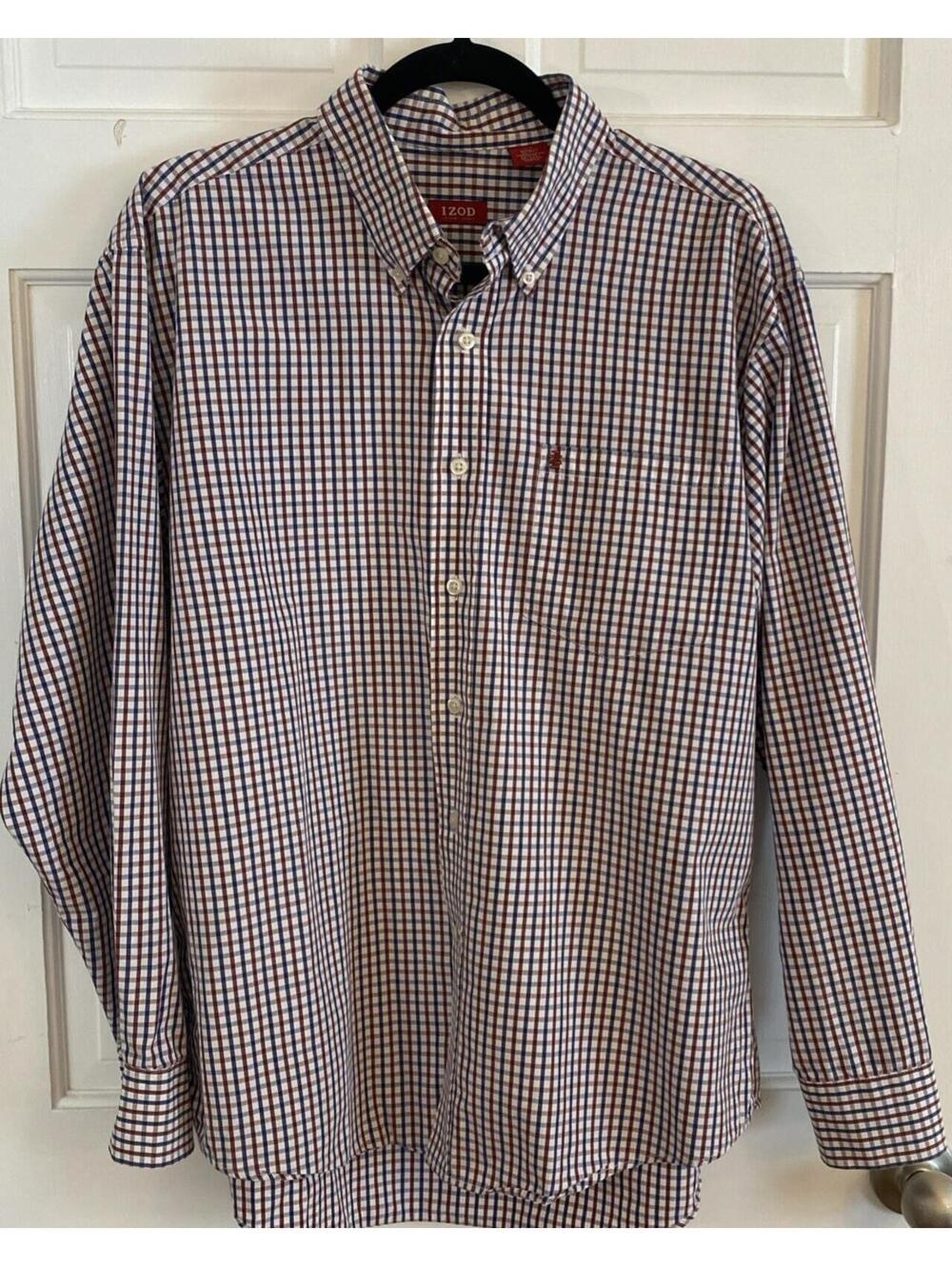 Izod Luxury Sport Mens Blue Plaid Long Sleeve Button Down Shirt Size Large